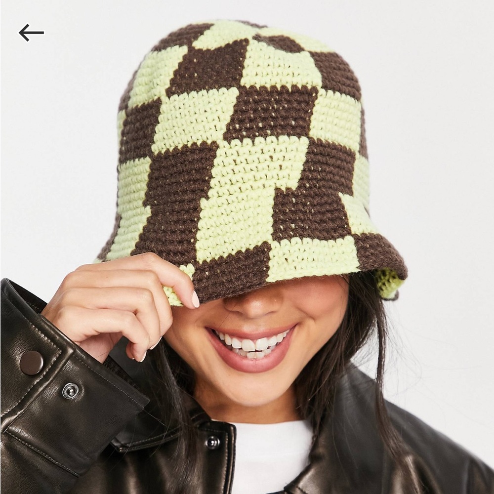 ASOS DESIGN crochet bucket hat in lime and brown checkerboard